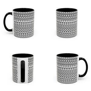 May include: A white ceramic mug with a black interior and handle, featuring a repeating black geometric pattern of lines, circles, and triangles. The text "FUCK DONALD TRUMP" is printed vertically in black letters along the side of the mug handle.
