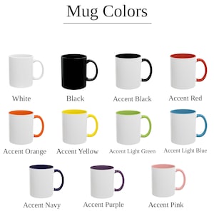 May include: A grid of eleven ceramic mugs labeled Mug Colors, featuring a solid white mug, a solid black mug, and nine white mugs with colored interiors and handles in black, red, orange, yellow, light green, light blue, navy, purple, and pink.
