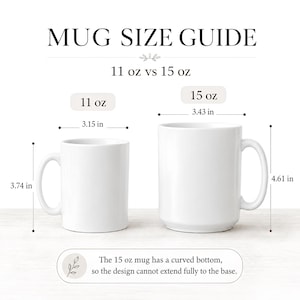 May include: A mug size guide comparing 11 oz and 15 oz white ceramic mugs. The 11 oz mug is 3.74 inches high and 3.15 inches wide. The 15 oz mug is 4.61 inches high and 3.43 inches wide. Text notes the 15 oz mug has a curved bottom base.