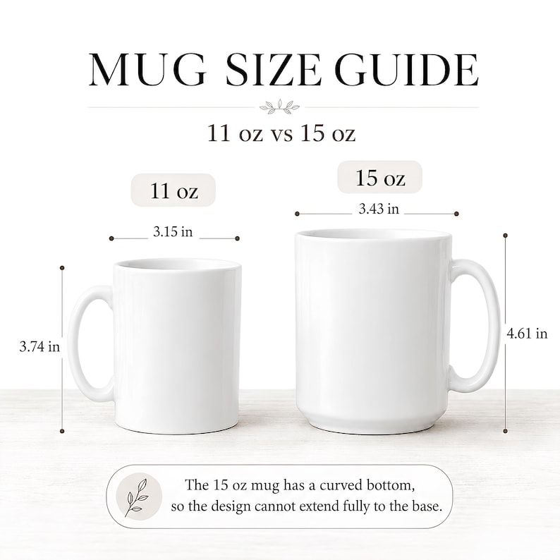 May include: A mug size guide comparing 11 oz and 15 oz white ceramic mugs. The 11 oz mug is 3.74 inches high and 3.15 inches wide. The 15 oz mug is 4.61 inches high and 3.43 inches wide. Text notes the 15 oz mug has a curved bottom base.