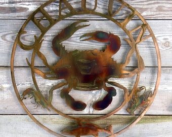 Custom Wall Mount Crab Round Copper Plated Steel Sign with Bronze and Fire Highlights