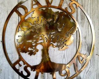 Custom Wall Mount Louisiana Oak Tree of Life Round Copper Plated Steel Sign with Bronze and Fire Highlights