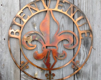 Bienvenue Antique Copper Plated Steel Metal Round Wall Mount Sign Style 3 Louisiana Fleur de Lis
