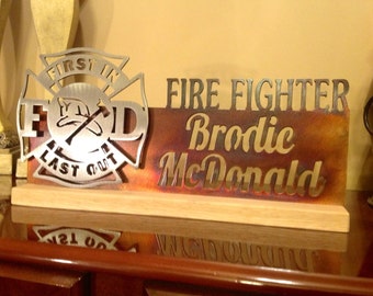 Custom Steel Fire Fighter Maltese Cross Desk Plaque Personalized 14 inches