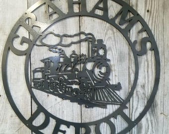 Customizable Locomotive Train Center Round Steel Metal Wall Mount Personalized