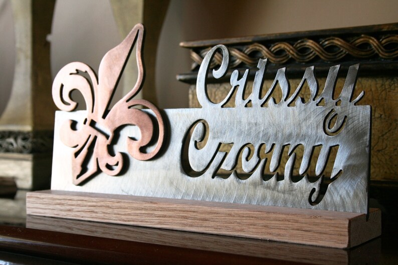 Copper Plated Fleur De Lis and Brushed Steel Desk Plaque image 3