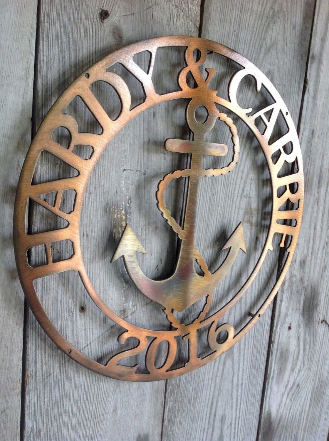 Customizable Nautical Anchor Copper or Bronze Plated Steel Metal Wall Round Sign Personalized