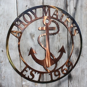 Customizable Nautical Anchor Copper or Bronze Plated Steel Metal Wall Round Sign Personalized