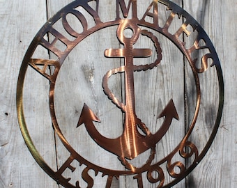 Customizable Nautical Anchor Copper or Bronze Plated Steel Metal Wall Round Sign Personalized