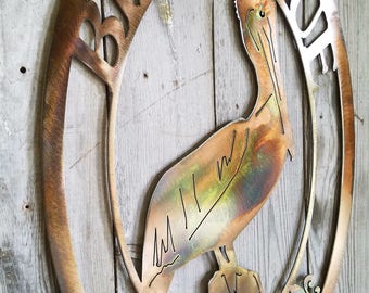 Customizable Pelican on a Pole Oval Bienvenue Welcome Antique Copper Plated Steel Wall Mount Personalized Metal