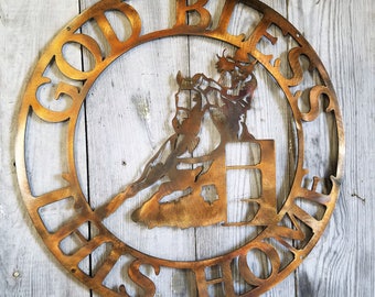 Barrel Racing Sign Copper or Bronze Plated Steel Metal Wall Round Personalized Cowgirl