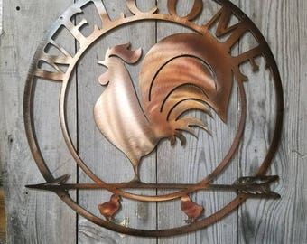 Customizable Rooster Antique Copper Plated Steel Welcome Sign