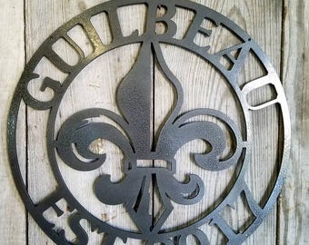 Customizable Round Steel Wall Mount Style 3 Fleur de Lis Personalized Metal Sign