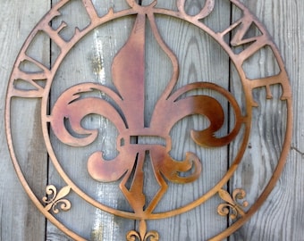 Antique Copper Plated Round Welcome Steel Metal Wall Mount Sign Style 3 Louisiana Fleur de lis
