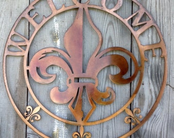 Antique Copper Plated Round Welcome Steel Metal Wall Mount Sign Style 3 Louisiana Fleur de lis