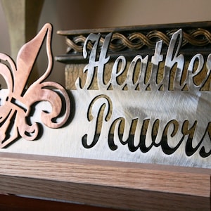 Copper Plated Fleur De Lis and Brushed Steel Desk Plaque image 1