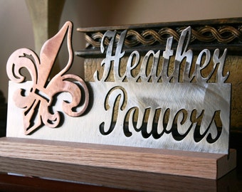 Copper Plated Fleur De Lis and Brushed Steel Desk Plaque