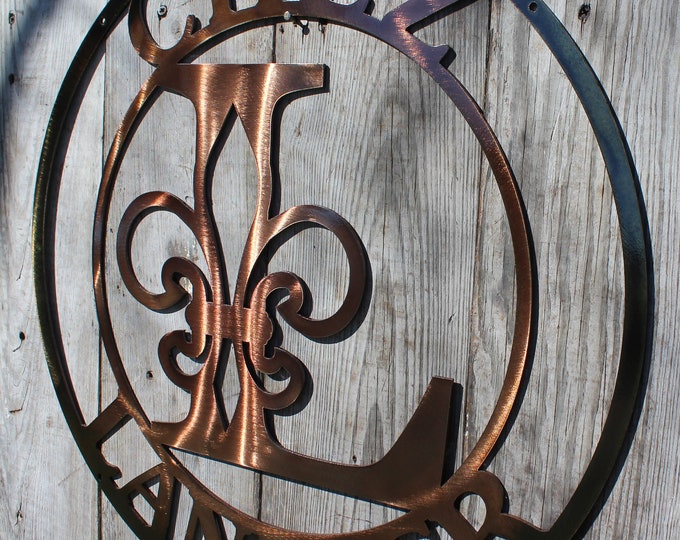 Featured listing image: Fleur De Lis Customized Copper or Bronze Plated Metal Steel Wall Mount Personalized Fleur De Lis Center Letter Sign