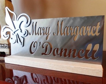 12 inch Custom Name Brushed Steel Fluer de lis Desk Plaque