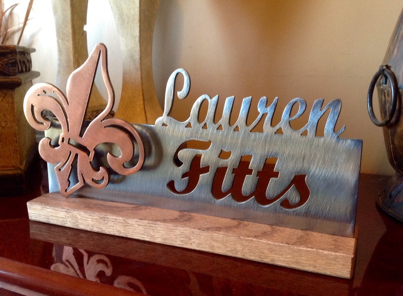 Copper Plated Fleur De Lis and Brushed Steel Desk Plaque image 2