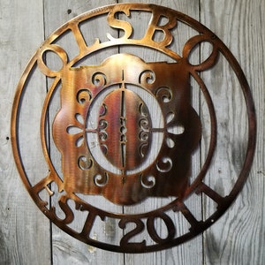 Customizable Copper Plated Round Steel Metal Wall Mount Monogram Center Filigree Personalized Sign