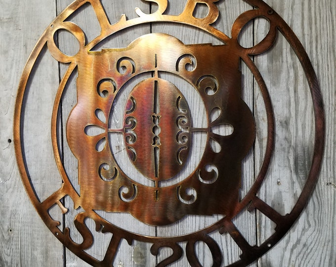 Featured listing image: Customizable Copper Plated Round Steel Metal Wall Mount Monogram Center Filigree Personalized Sign