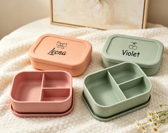 Baby Shower Gift Custom Name 3-in-1 Silicone Kids Lunch Box Heat Resistant Compartment Toddler Food Storage.