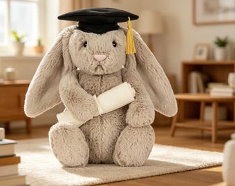 Peluche Jellycat Coniglietto Beige Timido per la Laurea, dotato di sacchetto antipolvere.