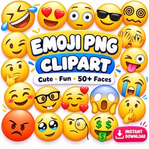 Emoji PNG Clipart Set, Smiley Faces, Emotion Icons (Digital Download)