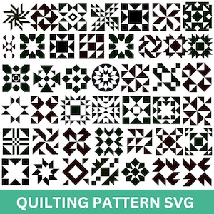 May include: A collection of forty-two distinct black and white geometric quilt block designs arranged in a grid. Each square features unique patterns composed of triangles, squares, and stars. The bottom banner displays the text QUILTING PATTERN SVG.