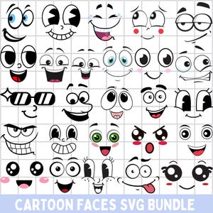 May include: A collection of thirty-five black and white cartoon faces with various expressions, including smiling, laughing, and surprised eyes and mouths, arranged in a grid pattern with the text CARTOON FACES SVG BUNDLE at the bottom.