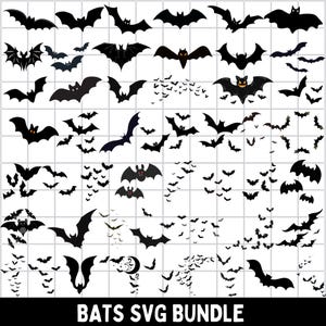 May include: A digital collection of black bat silhouettes in various flight poses and sizes, including some with orange eyes. The graphic set features individual bats and swarms, arranged in a grid pattern with the text BATS SVG BUNDLE at the bottom.