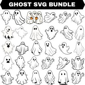 May include: A digital collection titled GHOST SVG BUNDLE featuring thirty individual black and white line art illustrations of ghosts in various poses and expressions, including one ghost with stitches and two ghosts holding orange mugs.