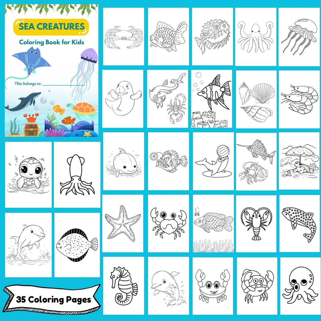 Sea Creatures Coloring Book for Kids 35 Pages Printable Digital Instant ...
