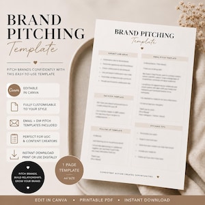 Könnte beinhalten: Ein druckbares Marken-Pitching-Template im A4-Format. Das Template enthält Abschnitte für Betreffzeilen-Ideen, E-Mail-Pitch-Vorlagen, DM-Pitch-Vorlagen, Follow-up-Vorlagen und Pitching-Tipps. Das Design ist in neutralen Tönen gehalten.