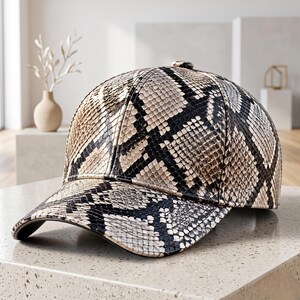 May include: A baseball cap featuring a detailed snakeskin pattern in shades of beige, black, and white. The cap has a structured crown, a curved brim, and a small button at the top centre, showcasing a realistic reptilian scale texture throughout.