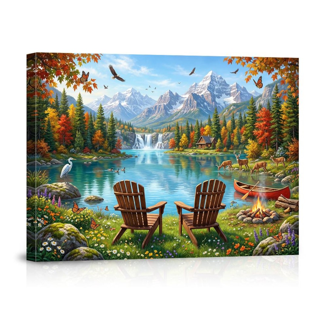 Autumn Fall Mountain Lake Canvas Wall Art Nature Landscape Print Deer ...