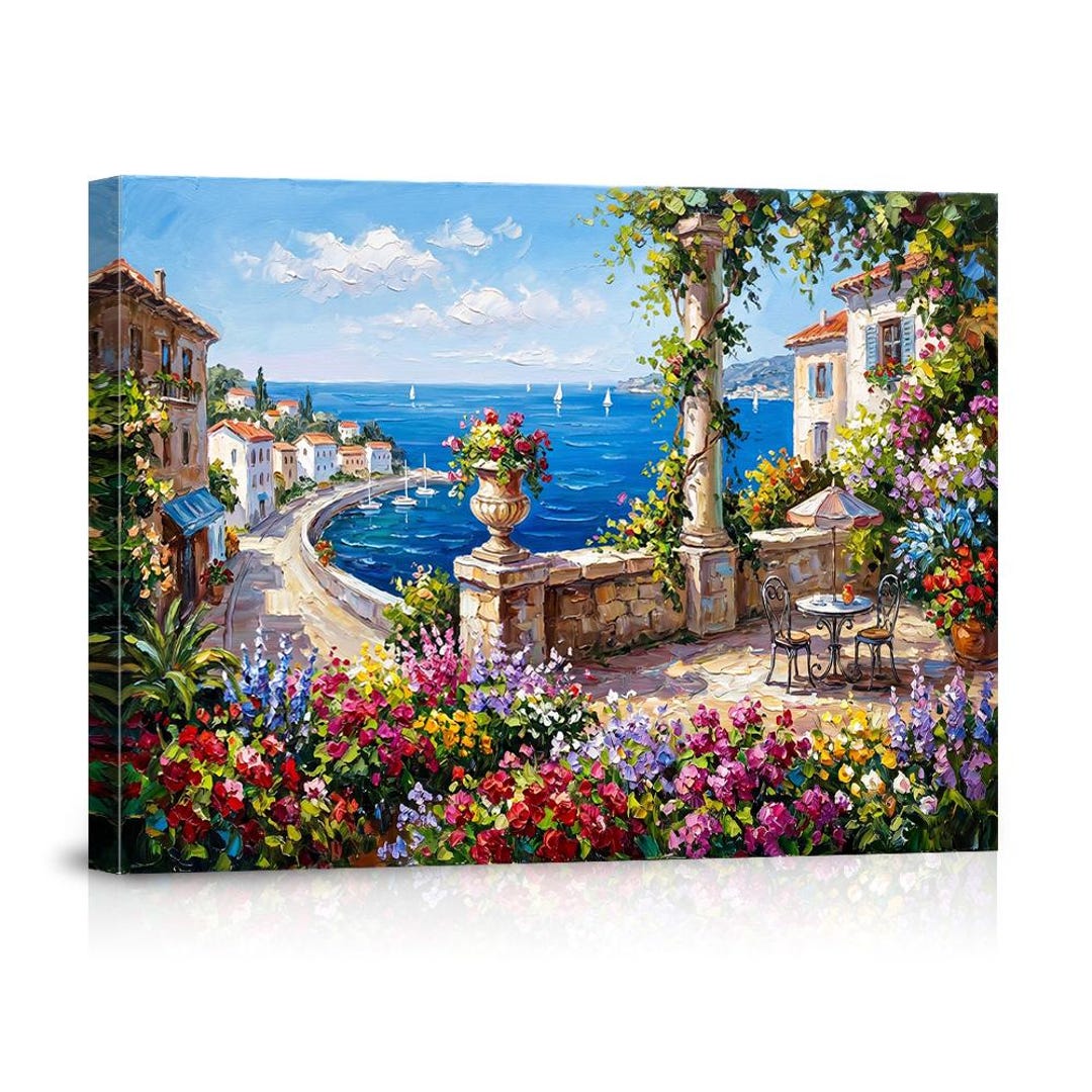 Vibrant Mediterranean Coastal Village Canvas Wall Art Ocean View Floral ...