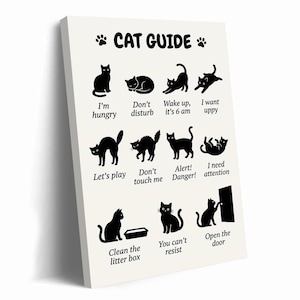 May include: A rectangular white wall art print titled CAT GUIDE featuring eleven black cat silhouettes in various poses. Each cat is paired with a descriptive phrase including I'm hungry, Don't disturb, Wake up, it's 6 am, I want uppy, Let's play, Don't touch me, Alert! Danger!, I need attention, Clean the litter box, You can't resist, and Open the door.