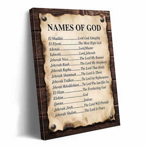 May include: A framed canvas print featuring a list titled "NAMES OF GOD." The text is printed on a parchment-like paper, attached to a wooden frame with metal studs. The list includes various names and their meanings.