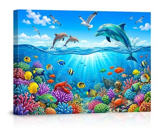 Colorful Ocean Marine Life Canvas Wall Art for Kids Bathroom Nursery Living Room Decor Underwater Dolphin Tropical Fish Coral Reef Poster