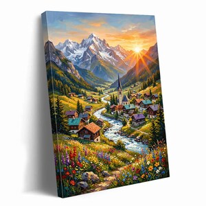 May include: A vibrant landscape painting depicts a mountain village nestled in a valley. A river winds through the village, with a church steeple rising above the colorful rooftops. The sun sets behind snow-capped mountains, casting a warm glow.
