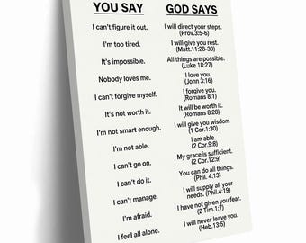 May include: A rectangular white canvas wall art piece featuring black text in two columns titled YOU SAY and GOD SAYS. The text lists various personal struggles on the left and corresponding biblical verses on the right, printed in a clean font.