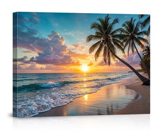 Puede incluir: Un lienzo rectangular que muestra una escena de playa tropical al atardecer. La imagen presenta un sol dorado bajo en el horizonte, iluminando olas de color turquesa, una orilla arenosa y varias palmeras altas inclinadas sobre la arena.