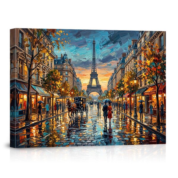 Paris Eiffel Tower Wall Art Rainy Street Oil Painting Canvas Impressionist Cityscape Print Romantic French Decor Poster for Living Room