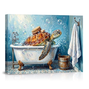 May include: A painting of a sea turtle in a white clawfoot bathtub filled with water and bubbles. The turtle has a wooden brush on its shell. A wooden bucket sits on the floor, and a white towel hangs on a hook against a blue tiled wall.