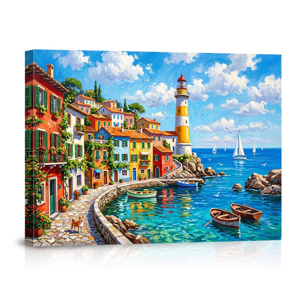 Vibrant Mediterranean Coastal Village Canvas Wall Art With Lighthouse ...