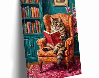 May include: A canvas print depicts a tabby cat reading a book in an orange armchair. The cat is surrounded by a teal bookshelf filled with books and a pink patterned rug. A framed picture hangs on the teal wall.