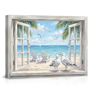 May include: A rectangular wall art print featuring an open window frame looking out onto a beach scene. Two white seagulls stand on the windowsill. Two white Adirondack chairs sit on the sand near the blue ocean under a sunny sky.