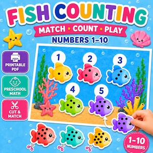Può includere: Una colorata stampa educativa con pesci dei cartoni animati con i numeri da 1 a 5 e il testo "FISH COUNTING" e "NUMBERS 1-10". Include una stella marina, coralli e le parole "MATCH • COUNT • PLAY". Include anche le parole "PRINTABLE PDF", "PRESCHOOL MATH" e "CUT & MATCH".